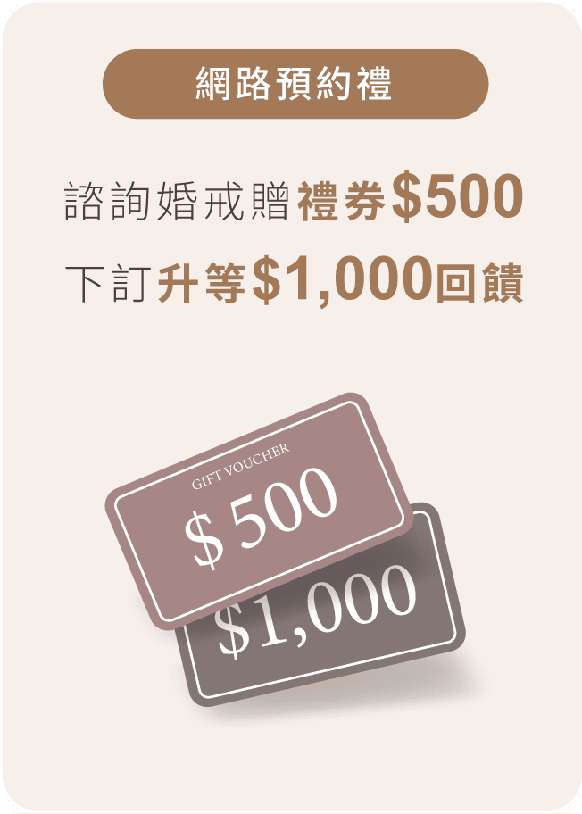 網路預約禮: 諮詢婚戒贈禮券$500下訂升等$1,000回饋